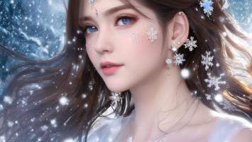 冰雪仙子写真：蓝眸少女雪中绽放