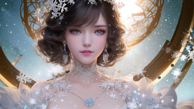 冰雪女神肖像：梦幻光晕中的圣洁美人