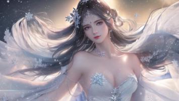 冰雪女神写实插画，仙气飘逸梦幻场景