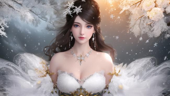 冰雪仙子写真：羽翼礼服与雪景交织的梦幻肖像