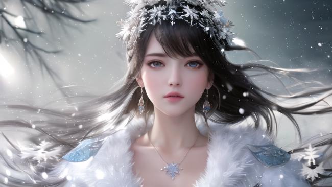 冰雪女神肖像：飘雪中的冬日仙子