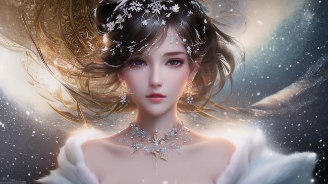 冰雪女神肖像：星尘中的仙姿幻影