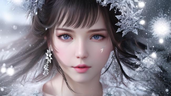 冰雪女神肖像：蓝眸少女的冬日童话