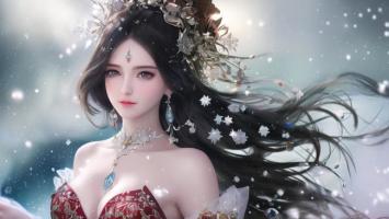 古风仙子雪中飞舞，红衣银冠如梦似幻