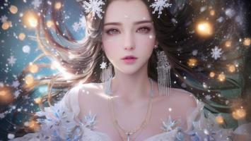 冰雪仙子数字肖像，梦幻飘雪中的女神画卷