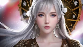 银发古风少女3D肖像，雪花环绕梦幻华服