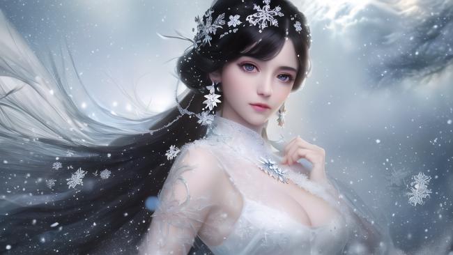 冰雪仙子肖像：飘雪中的绝美少女