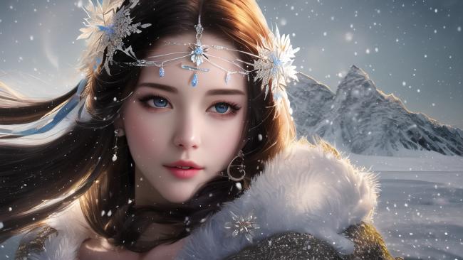 雪中仙子写真：冰晶头饰与雪山背景