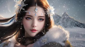 雪中仙子写真：冰晶头饰与雪山背景