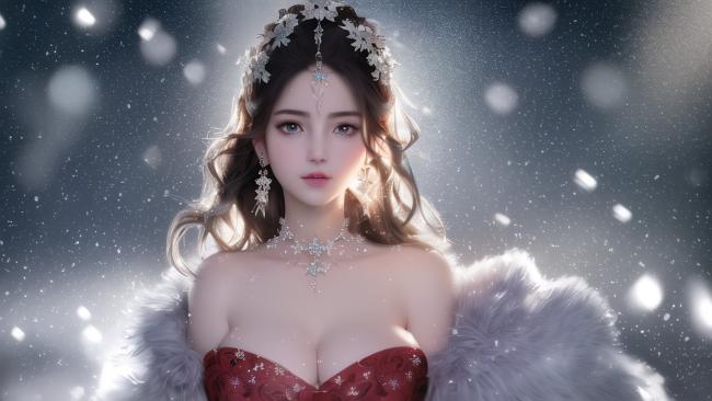 雪中仙子写真：红裙银饰梦幻冬日美人