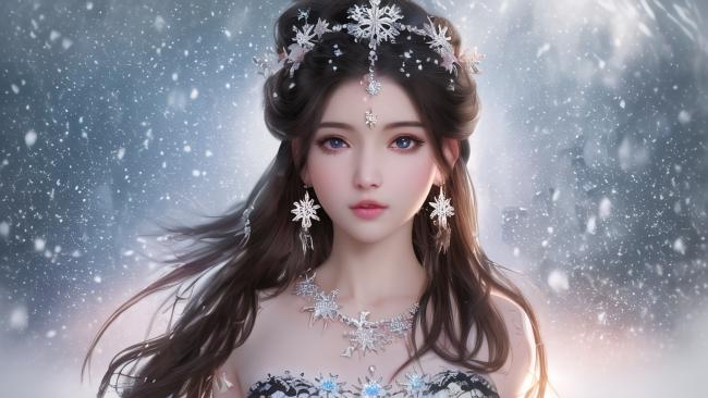 冰雪女神肖像：飘雪中的优雅仙子