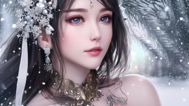 雪中仙子写真：冰晶华服与蓝眸凝望