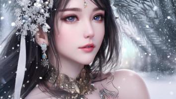 雪中仙子写真：冰晶华服与蓝眸凝望