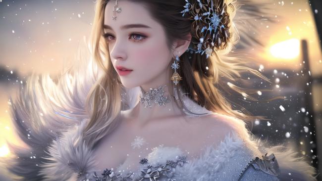 冰雪女神侧颜肖像，暖光飞雪中的仙气美人