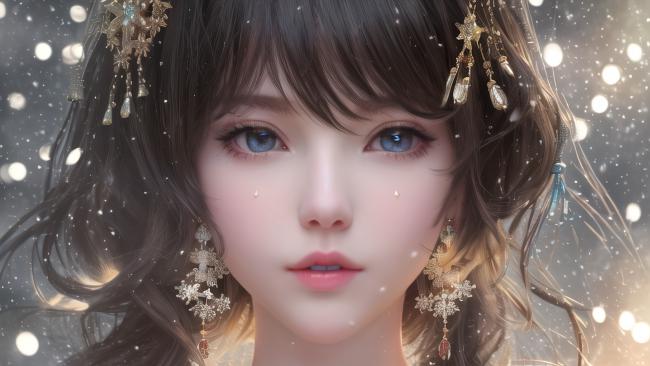 古风仕女雪中凝眸，金饰华美如梦