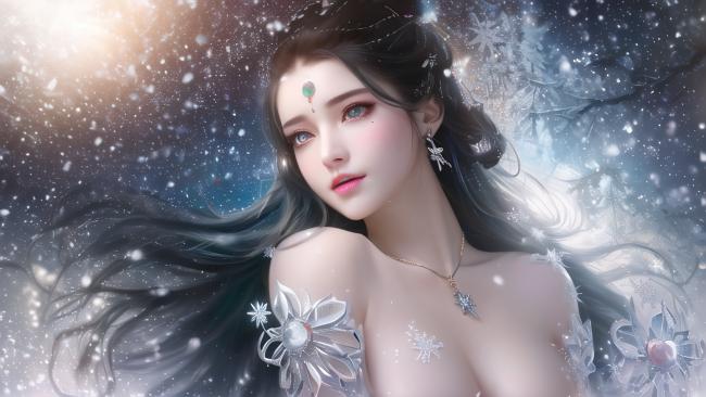 冰雪仙子幻想插画，梦幻飘雪中的东方神女