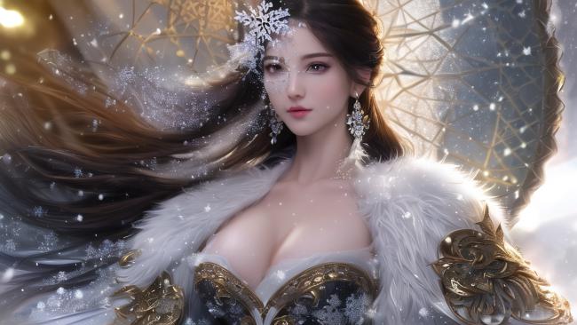 冰雪女神写实插画，羽衣飘雪梦幻唯美