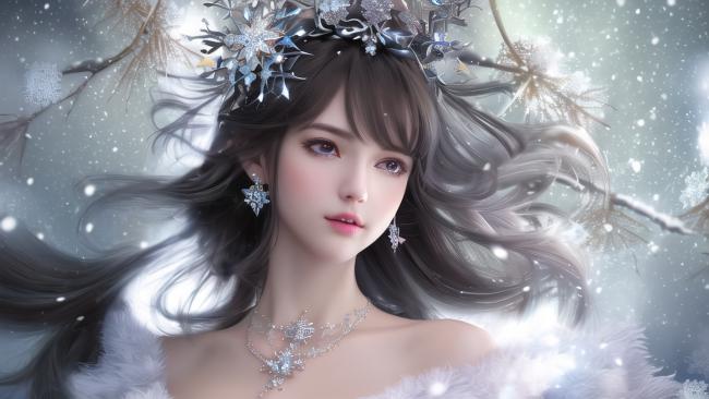 冰雪仙子肖像：飘雪中的银冠女神