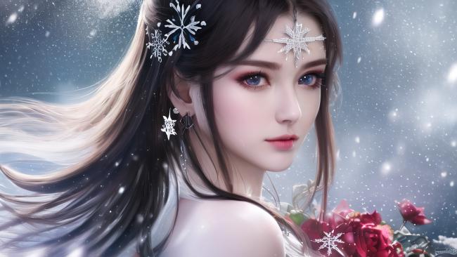 雪中仙子持玫瑰，冰晶点缀梦幻肖像