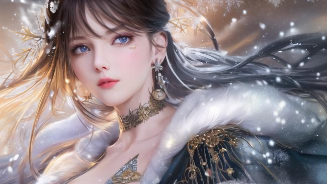 银发仙子雪中凝望，油画质感梦幻唯美