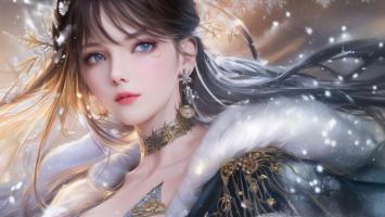 银发仙子雪中凝望，油画质感梦幻唯美