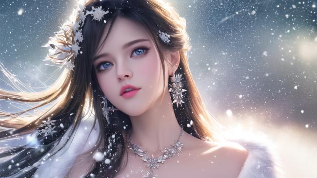 雪中仙子肖像：冷艳梦幻写实风