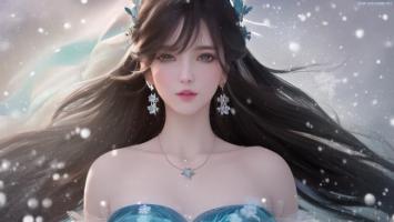 雪中仙子写真：蓝裙飘雪，梦幻唯美