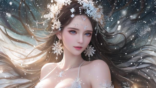 冰雪女神肖像：飘雪中的仙子幻境