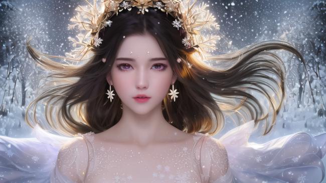 雪中仙子：金色花冠与飘雪长发的梦幻写实图