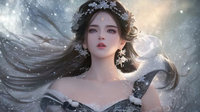 冰雪仙子写真：飘雪长发与星冠幻境