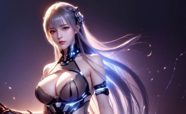 赛博朋克银发女战士，科技与美感的极致融合