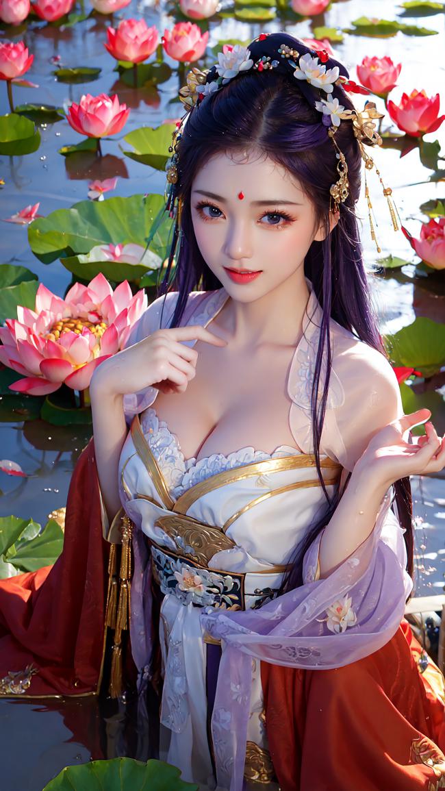 古风仕女立荷塘，紫发华服映莲香