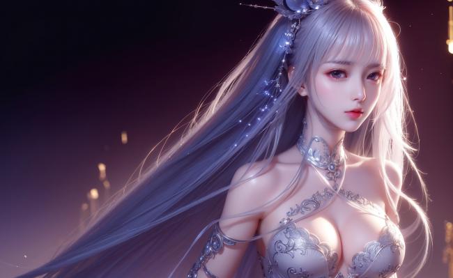 银发仙侠少女3D渲染肖像图