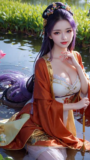 紫发汉服少女水畔写真，新中式美学极致呈现