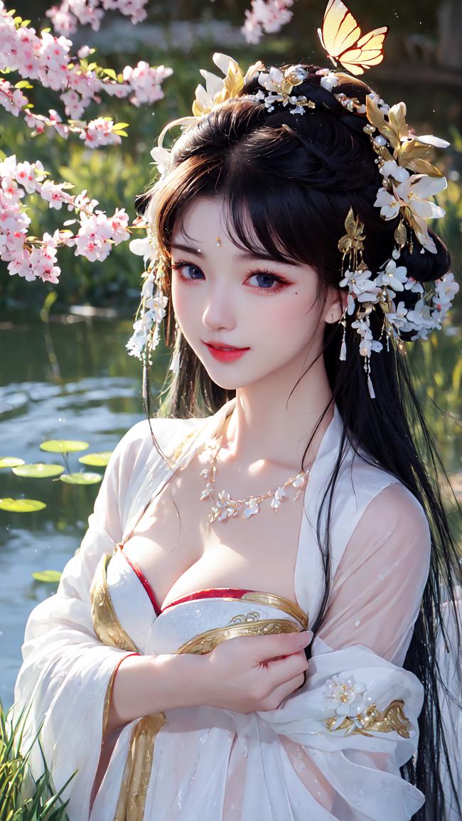 樱花池畔汉服少女写真