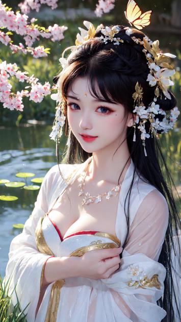 樱花池畔汉服少女写真