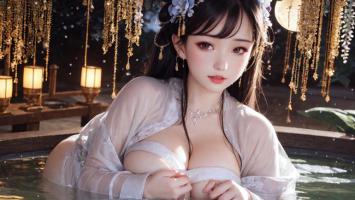 古风仕女温泉沐浴图，柔光幻境尽显东方韵味