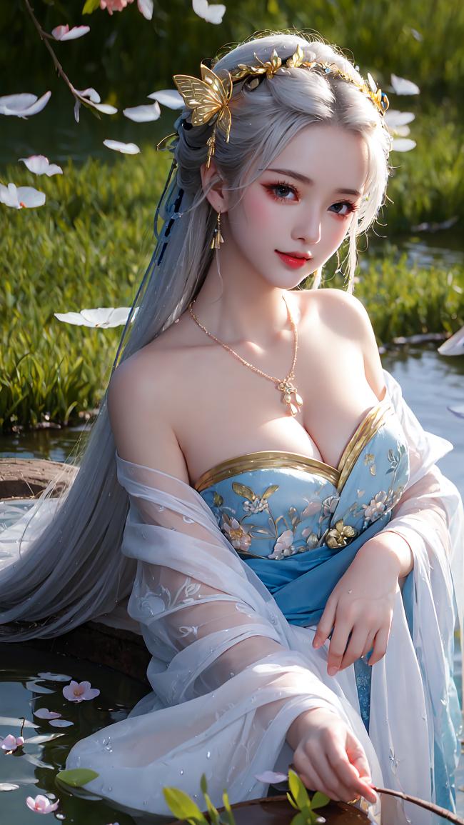 银发仙子临水赏花图