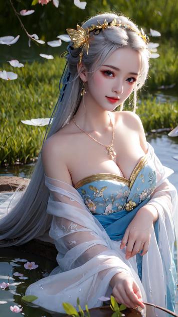 银发仙子临水赏花图