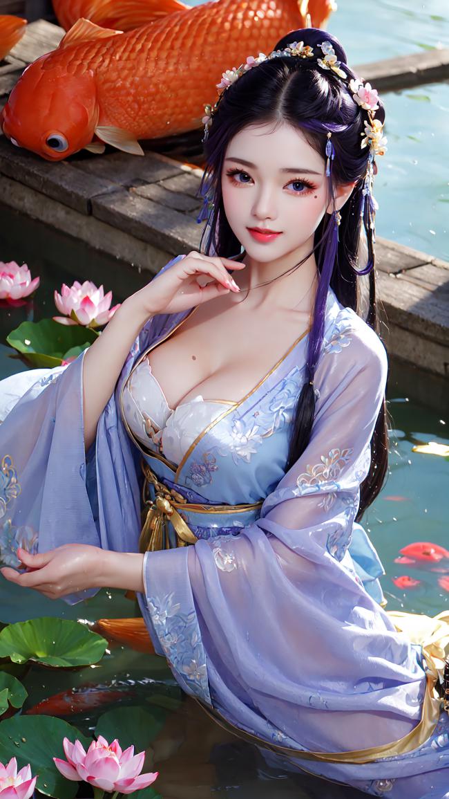 古风仕女池畔赏莲图