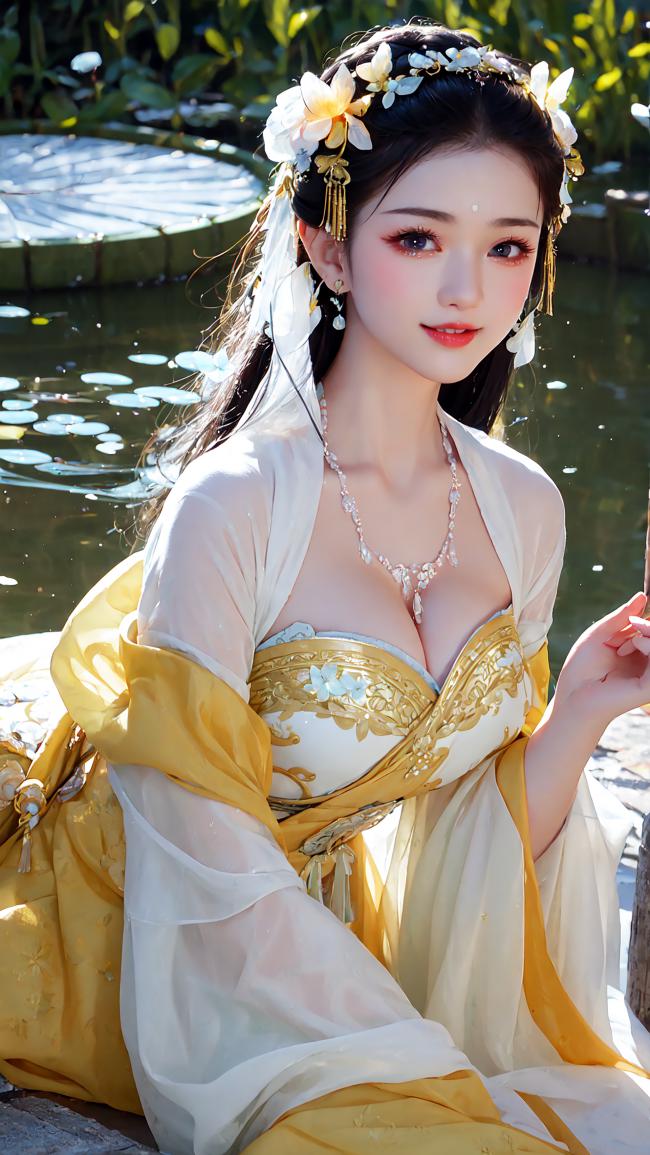 汉服少女池畔写真·光影柔美