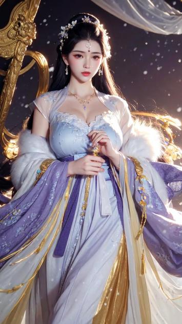 仙气紫袍仕女立雪中，古风华服映月辉