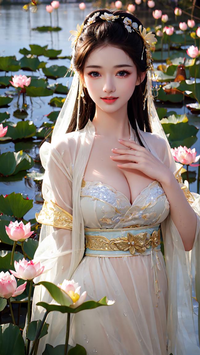 古风仕女立荷塘，汉服华裳映莲香