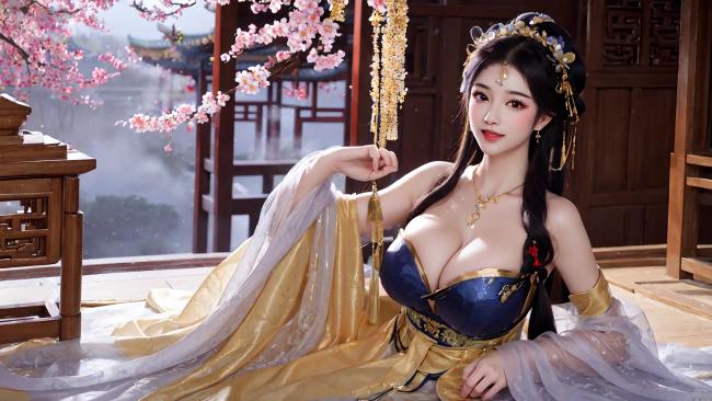 古风汉服美人倚窗赏樱图