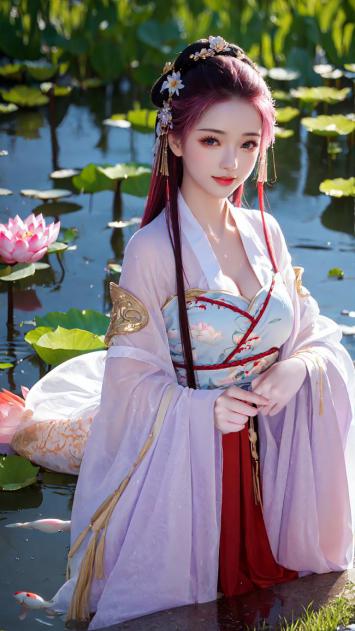 荷塘仙子汉服写真，光影柔美如画