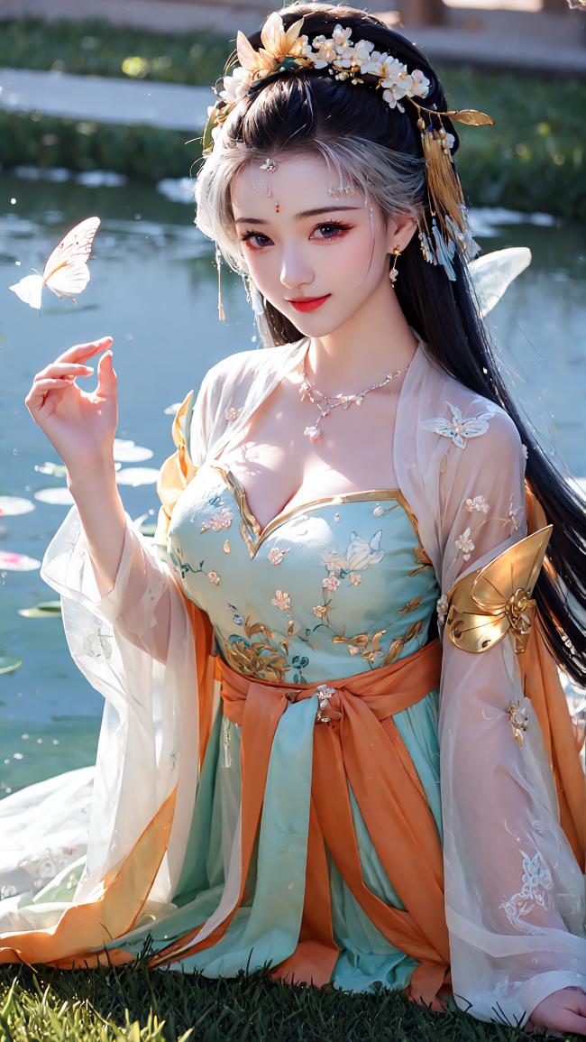 古风仙女持蝶立池畔，汉服华裳映柔光