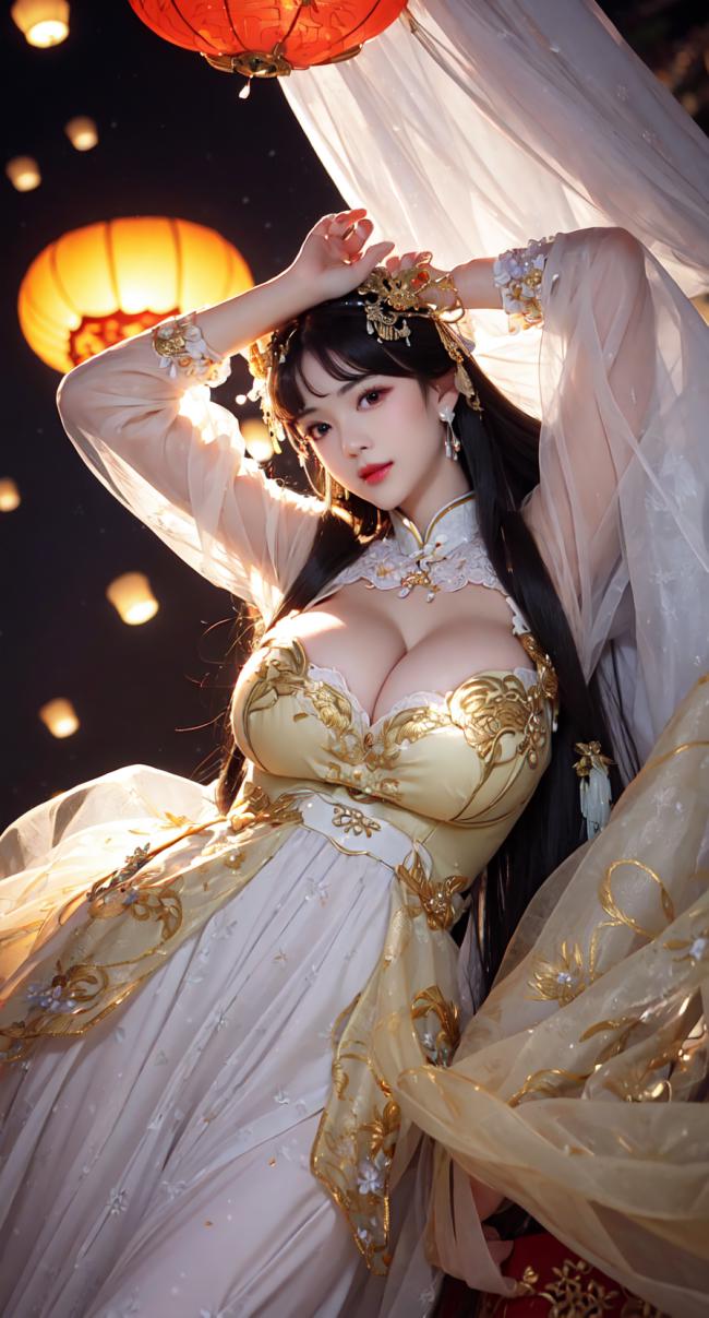 夜灯下的汉服美人写真图