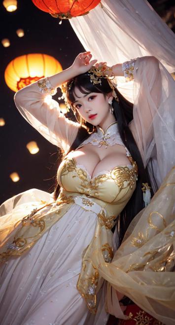 夜灯下的汉服美人写真图