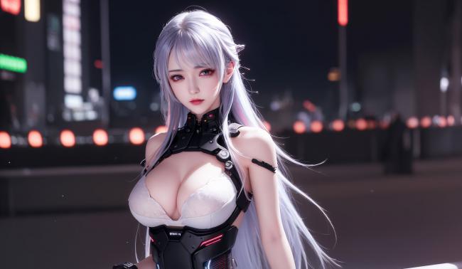 赛博朋克银发女战士霓虹夜景图