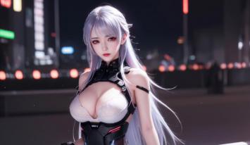 赛博朋克银发女战士霓虹夜景图